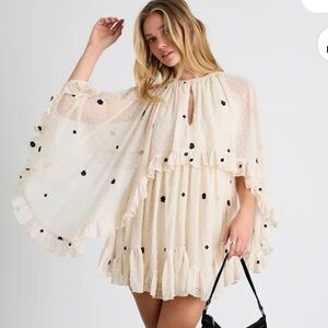 Rhozie Cream Embroidered Swiss Dot Cape Sleeve Tiered Mini Dress